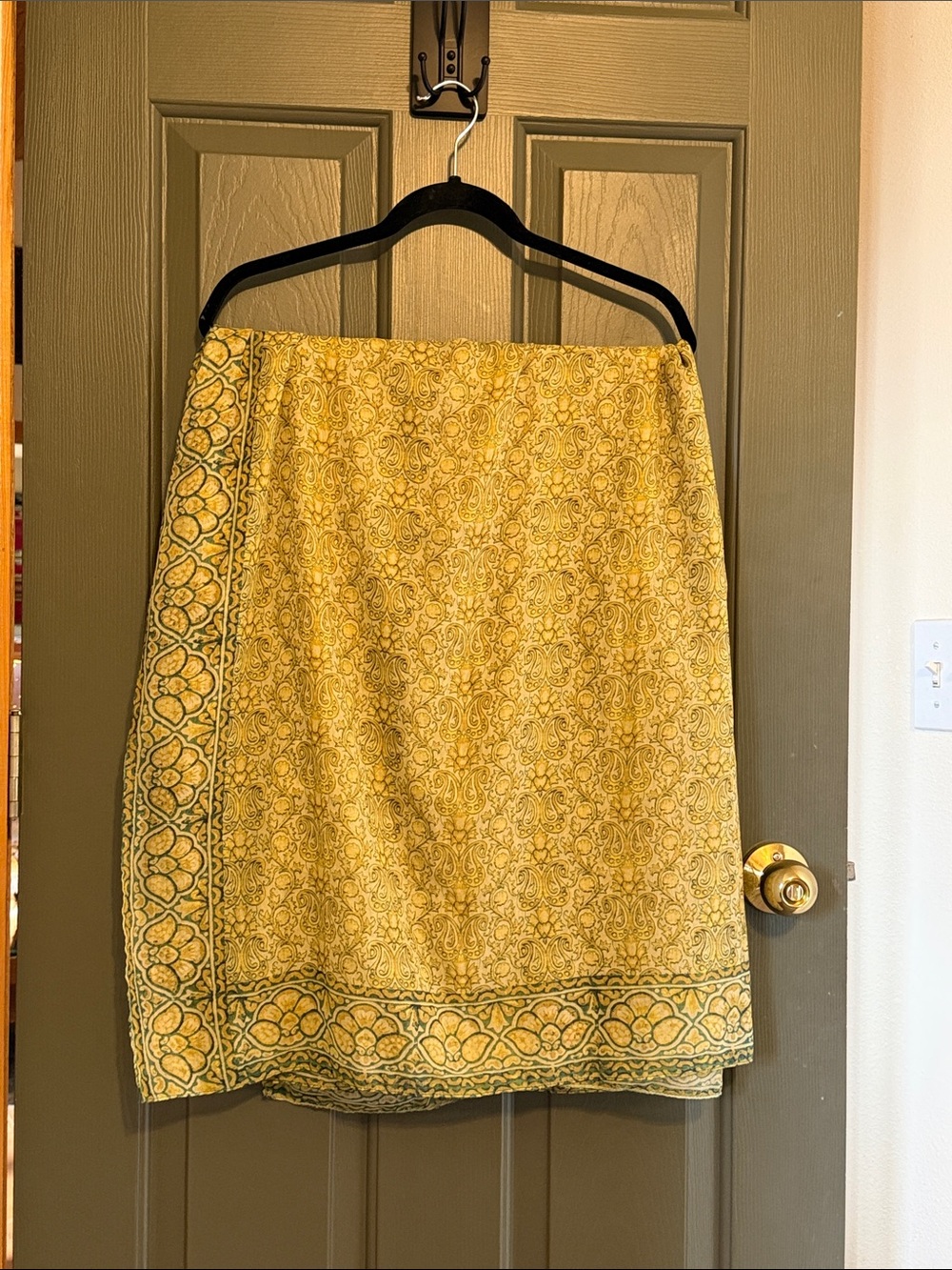 Yellow Patterned Women's Wrap Scarf with Green Accent 45” wide and 72” long